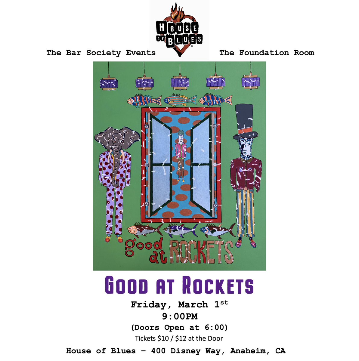 Our band Good at Rockets will be at The House of Blues Anaheim - Foundation Room on Friday, March 1st at 9:00PM. Tix $10 Advanced / $12 at the door. DM me for tickets. Come on down - all kinds of fun!