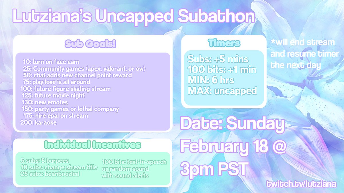 Hiii, I'll be doing my second ever subathon tomorrow (February 18) at 3pm PST. Hope to see you all there 💜