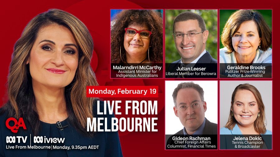 #QandA returns tomorrow night. Host @PatsKarvelas will be joined by:
• Labor's @Malarndirri19 
• Liberal @JulianLeeser 
• author @GeraldineBrooks 
• journalist @gideonrachman and
• tennis commentator and author Jelena Dokic. Excellent. #auspol