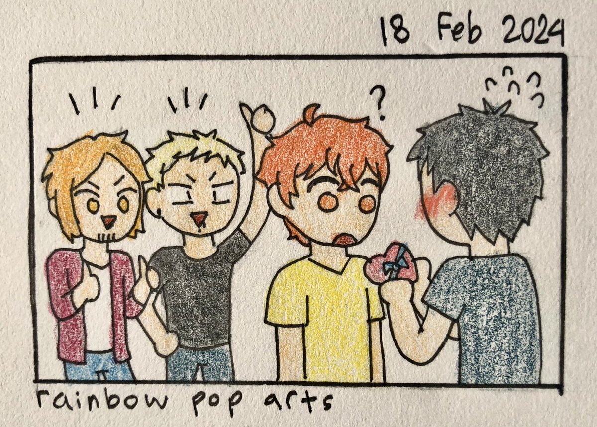 Ue: Chocolate, f-for you!

Mafu: Huh?

Haru & Aki: You’re doing great, Ue!

#happyvalentines #happyvalentines2024 #given #ギヴン #mafuyama #mafuyusato #ritsukauenoyama #akihikokaji #harukinakayama #art #illustration #drawing