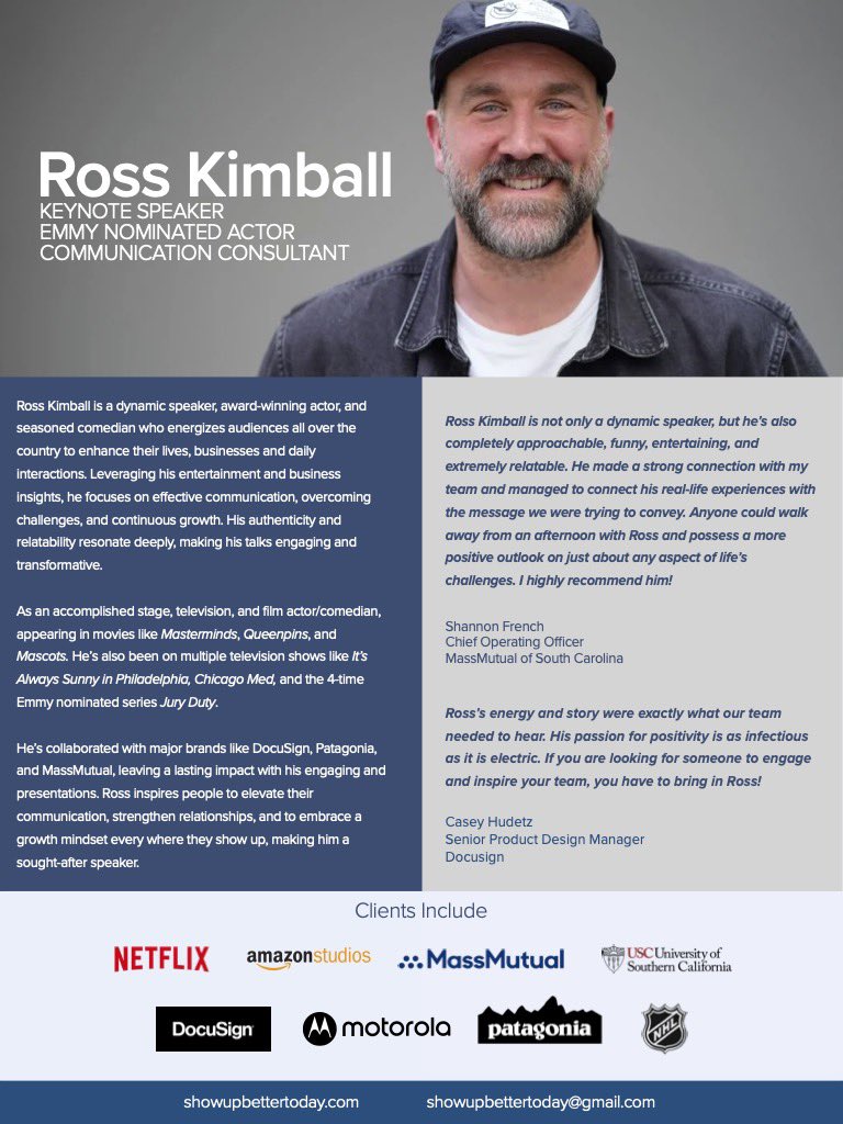 therosskimball's tweet image. Me? A solid option to speak at your next event, meeting, or corporate retreat? Sure. (Not a bit. I’d love to add some value to whatever you got going on)