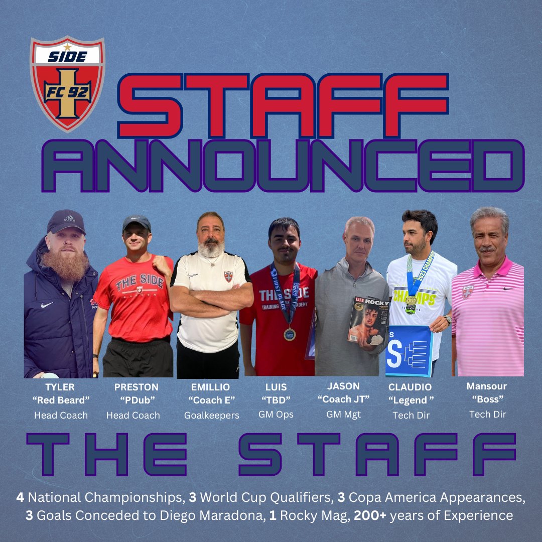 SIDE FC 92 ANNOUNCES A MULTI-TALENTED STAFF TO LEAD US INTO THE 2024 UPSL SEASON. Side FC 92 OPEN TRIAL THIS SUNDAY, FEB 18, 6 PM. RSVP NOW: form.jotform.com/240399098293166 #SideFC92 #TheSide