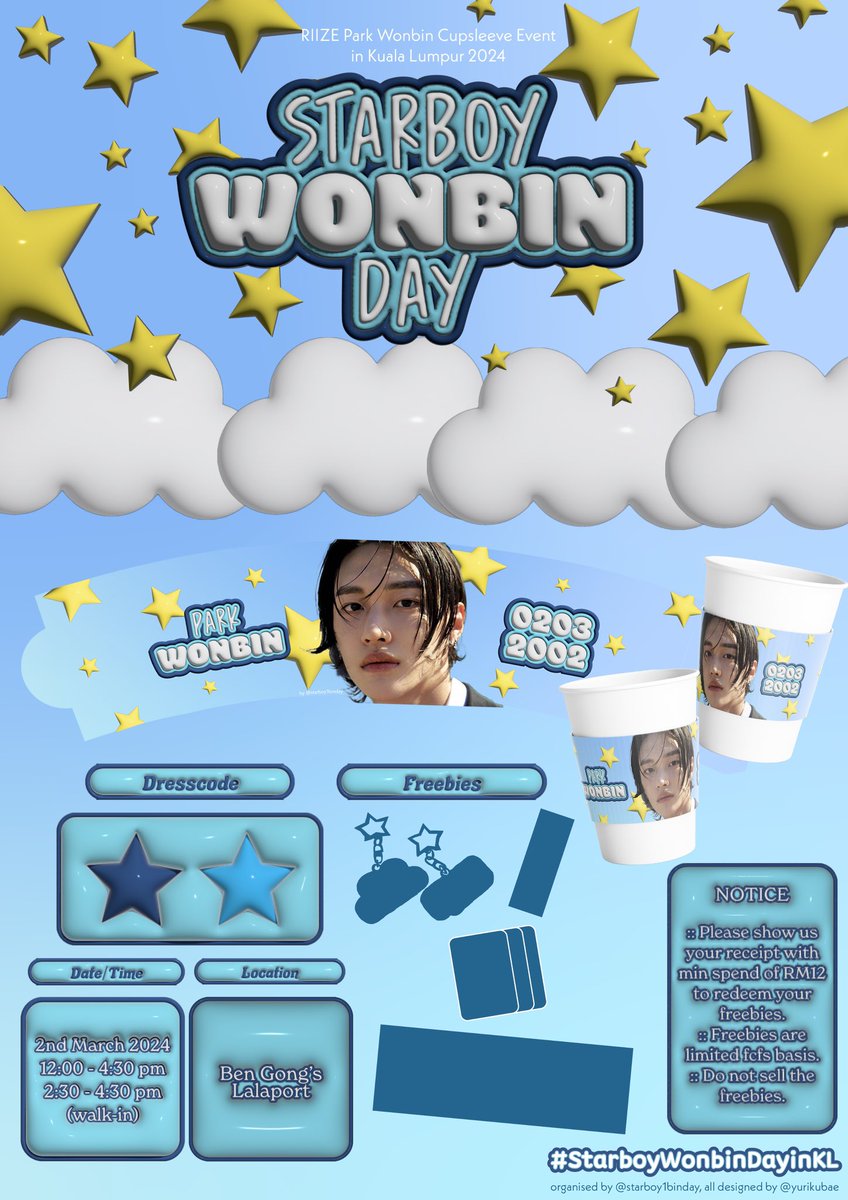 starboy1binday's tweet photo. — 𝚂𝚝𝚊𝚛𝙱𝚘𝚢 𝚆𝚘𝚗𝚋𝚒𝚗 𝙳𝚊𝚢 

presenting Wonbin of RIIZE cupsleeve event in KL;

✩ 𝓣𝓱𝓮 𝓡𝓲𝓼𝓲𝓷𝓰 𝓢𝓽𝓪𝓻 𝓟𝓪𝓻𝓴 𝓦𝓸𝓷𝓫𝓲𝓷 ~
𝓦𝓱𝓮𝓷 𝓣𝓱𝓮 𝓢𝓽𝓪𝓻 𝔀𝓪𝓼 𝓑𝓸𝓻𝓷 ✩

📍 Ben Gong's Tea and Dessert, Lalaport KL
🗓️ 2nd March 2024
⏱️ 12:00pm - 4:30pm https://t.co/RE9t7ZrPNP