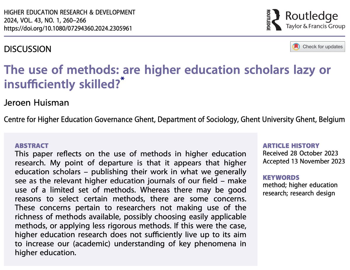 The use of methods: are higher education scholars lazy or insufficiently skilled? Jeroen Huisman → doi.org/10.1080/072943… #ResearchMethods #higherEd #EducationResearch #ResearchDesign #ResearchMethodology