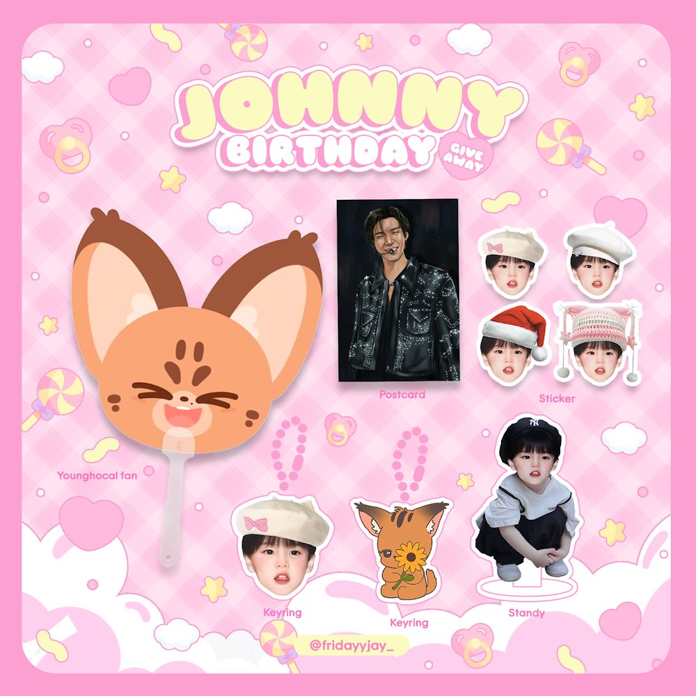 pls rt~

♡ Giveaway Johnny Birthday 🎂⋆｡°✩

🐱 92 sets ✨
• younghocal fan
• johnny postcard
• baby sticker pack
• little youngho keyring
• little caracal keyring
• youngho standy

form: 18 feb 2024, 18.09
shipping 50-.

#SUHweetest29th
#HAPPYJOHNNYDAY