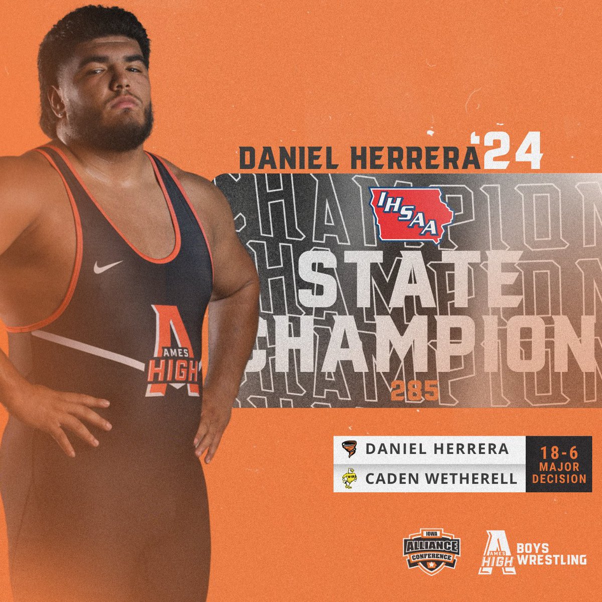Ames High Athletics (@amesathletics) on Twitter photo π¦π§ππ§π ππππ π£ππ’π‘Β π₯π₯
Daniel Herrera controlled the finals match wire-to-wire, earning the 2024 IHSAA 285 state title. Herrera won by an 18-6 major decision over Caden Wetherell.
It's the first champion for the Little Cyclones since 2017.
#AChampionshipTradition π¦π§ππ§π ππππ π£ππ’π‘Β π₯π₯
Daniel Herrera controlled the finals match wire-to-wire, earning the 2024 IHSAA 285 state title. Herrera won by an 18-6 major decision over Caden Wetherell.
It's the first champion for the Little Cyclones since 2017.
#AChampionshipTradition