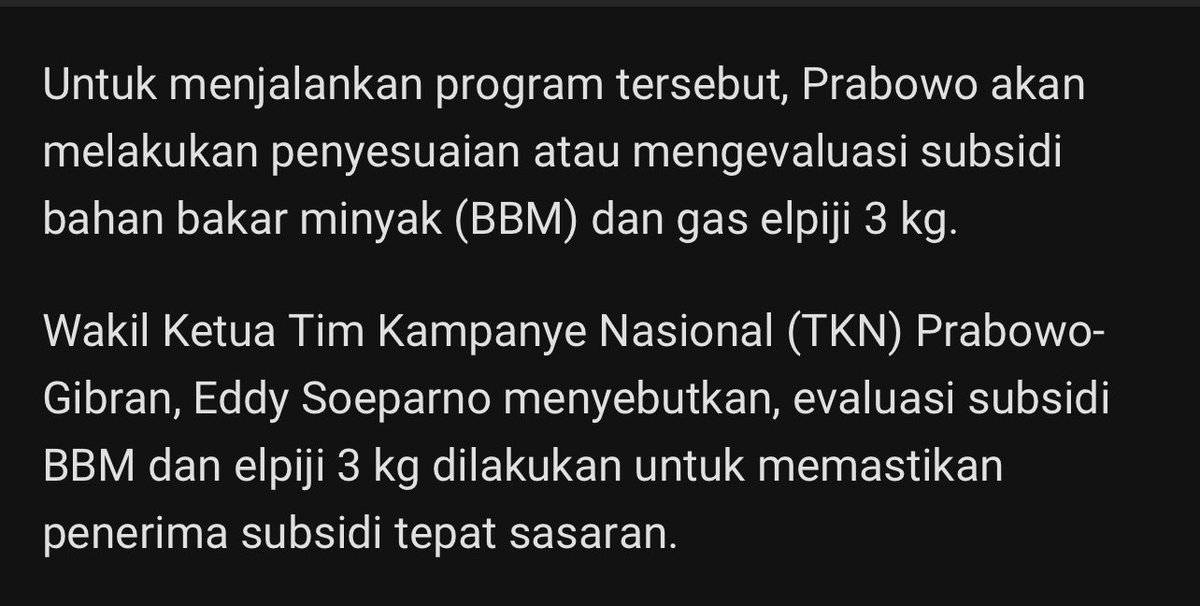 dhikazilla's tweet photo. @edybeny2 @iamlesleyyy @susipudjiastuti @ismailfahmi Intinya Bapak ngirim artikel itu apa Pak? Memperlihatkan kalau akan dilakukan evaluasi, memastikan penerima subsidi tepat sasaran?

Tanpa harus efisiensi, total subsidi energi thn 2023 aja 270T kata Bu Sri. Itu aja masih kurang Pak buat anggaran makan siang. https://t.co/g0wkIIETnF