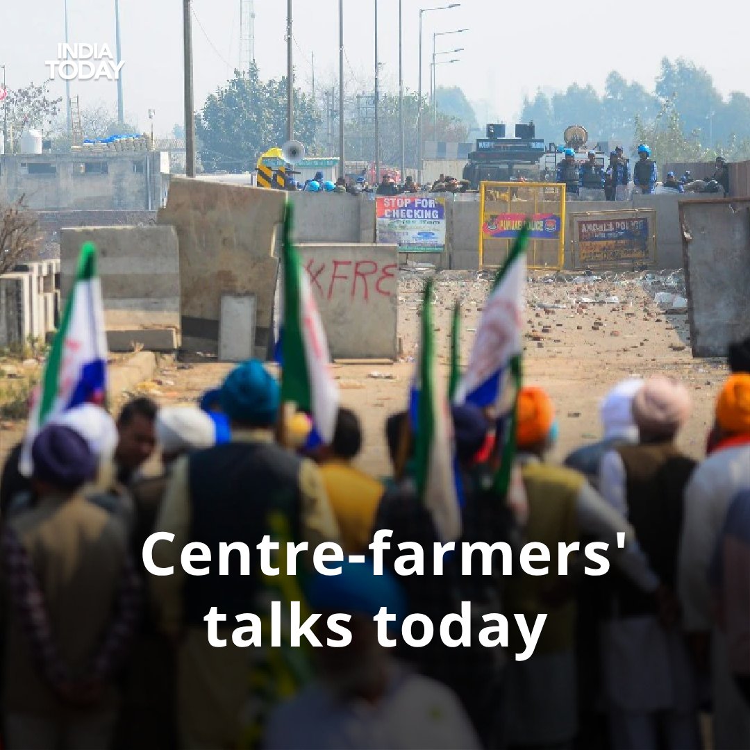 IndiaToday's tweet photo. A fourth round of talks is scheduled to be held in Chandigarh on Sunday evening between the farmers and the government in a bid to end the deadlock over the demand for MSP guarantee of crops for farmers.

Read more: https://t.co/LRPa5OacI0

#Chandigarh #FarmersProtest #farmers #government