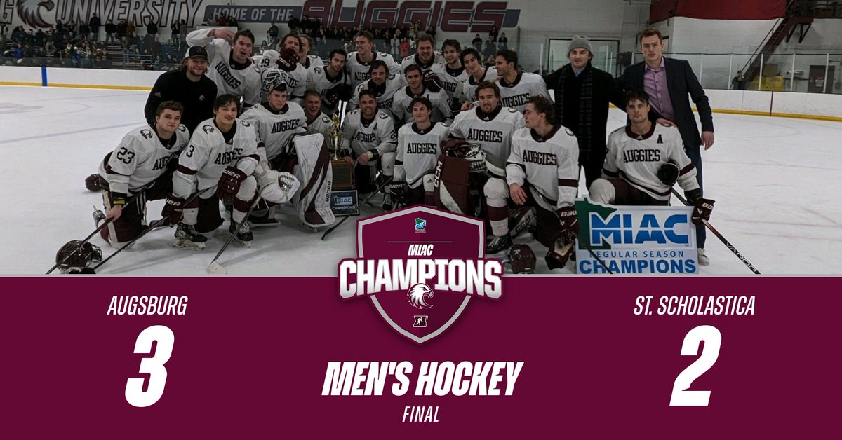 MEN'S HOCKEY - MIAC CHAMPIONS! The Auggies complete sweep of St. Scholastica to claim 12th conference title, 2nd in last 3 years! Augsburg will host the winner of St. Olaf/Saint Mary's on Saturday (2/24) at 7 pm!
#d3hky #AuggiePride