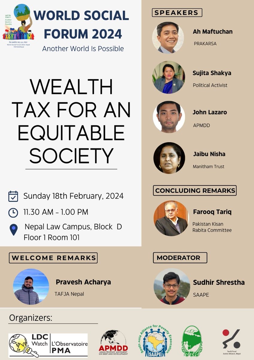 Please join us today. We are discussing the issue of progressive wealth taxation @WSF2024nepal at 11:30 AM #wealthtaxnow