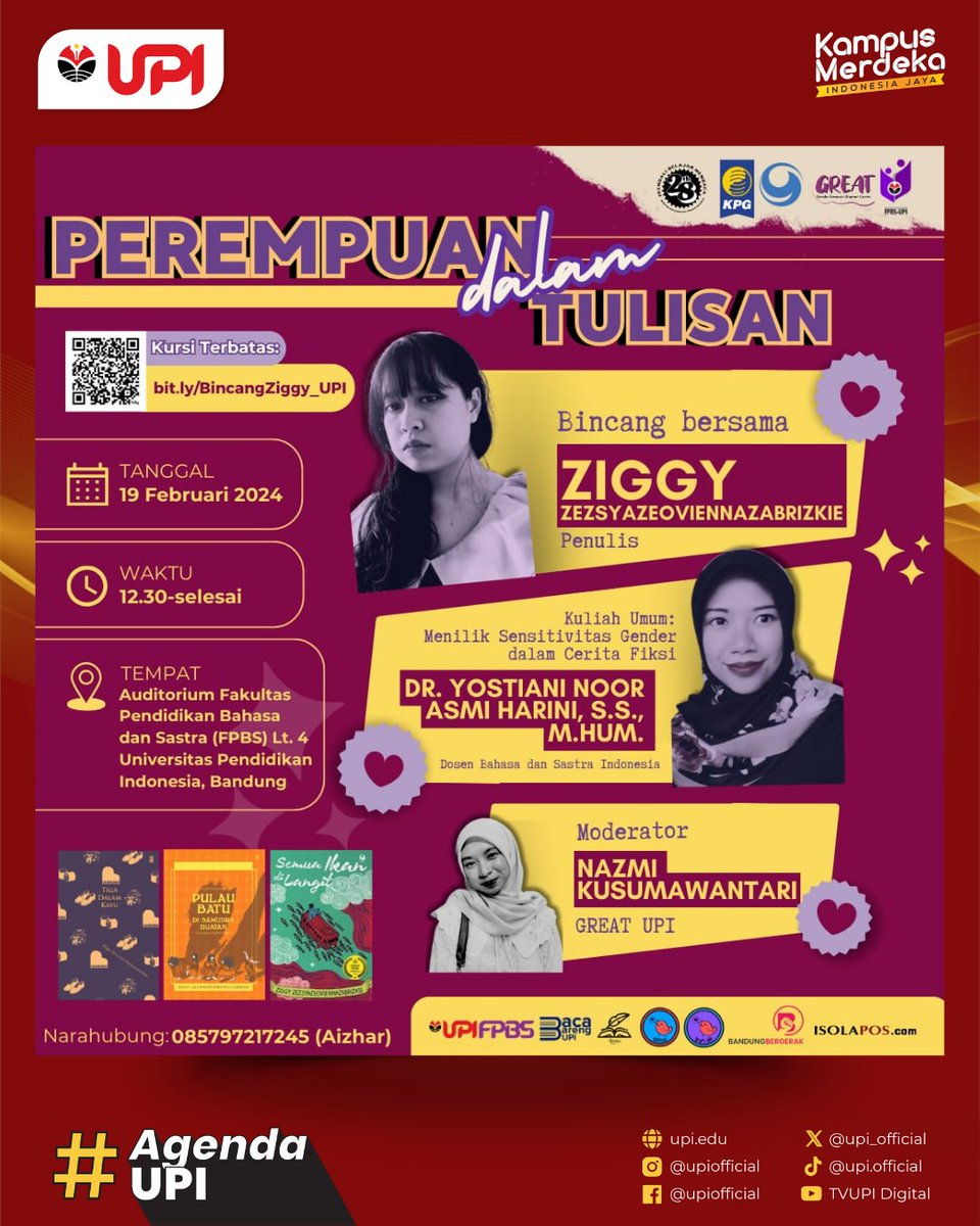 Great UPI & Kema FPBS UPI bekerja sama dengan Penerbit KPG dan Grasindo mengadakan acara bincang bersama Ziggy Zezsyazeoviennazabrizkie membahas ketiga bukunya yaitu Pulau Batu di Samudra Buatan, Semua Ikan di Langit, dan Tiga dalam Kayu.

#AgendaUPI #PelopordanUnggul