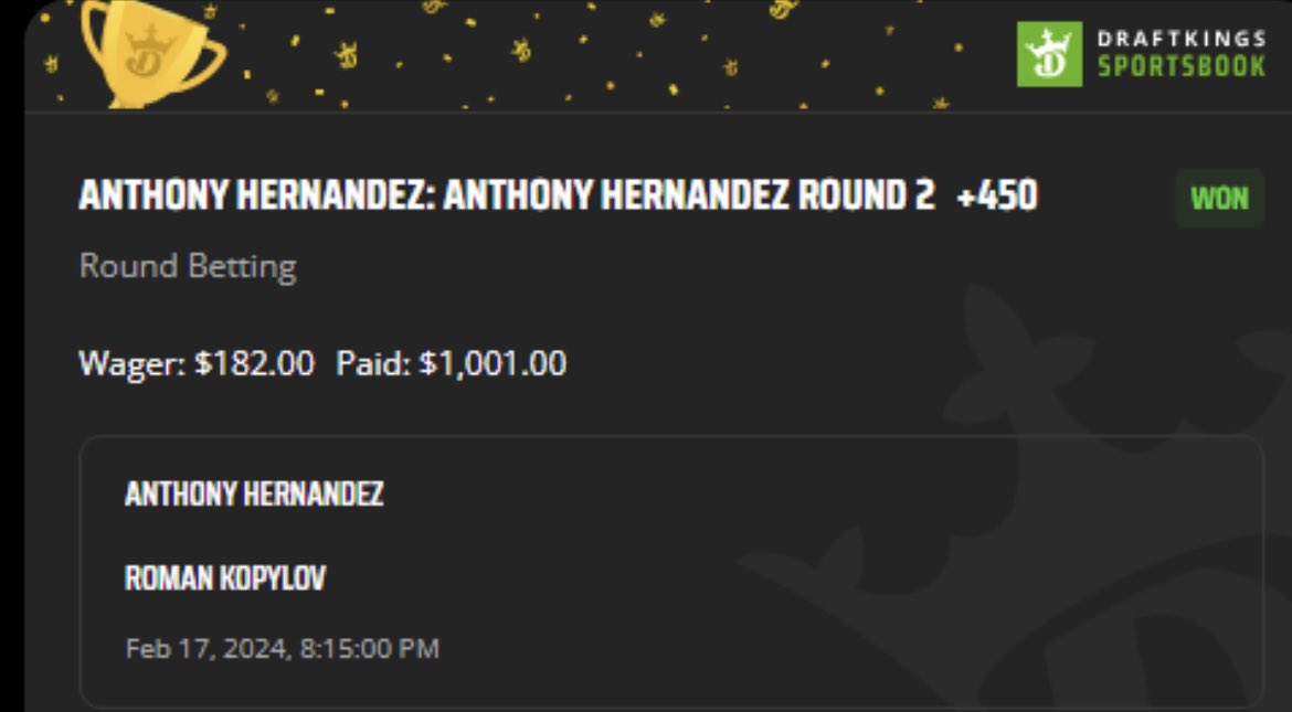 Devin’s Bookie (@devinsbookie) on Twitter photo ✅ Hernandez Round 2 +450
Biggest overall spot on our card with ML exposure as well in 2 parlays. 
Let’s keep it rolling🚂 #UFC298 ✅ Hernandez Round 2 +450
Biggest overall spot on our card with ML exposure as well in 2 parlays. 
Let’s keep it rolling🚂 #UFC298