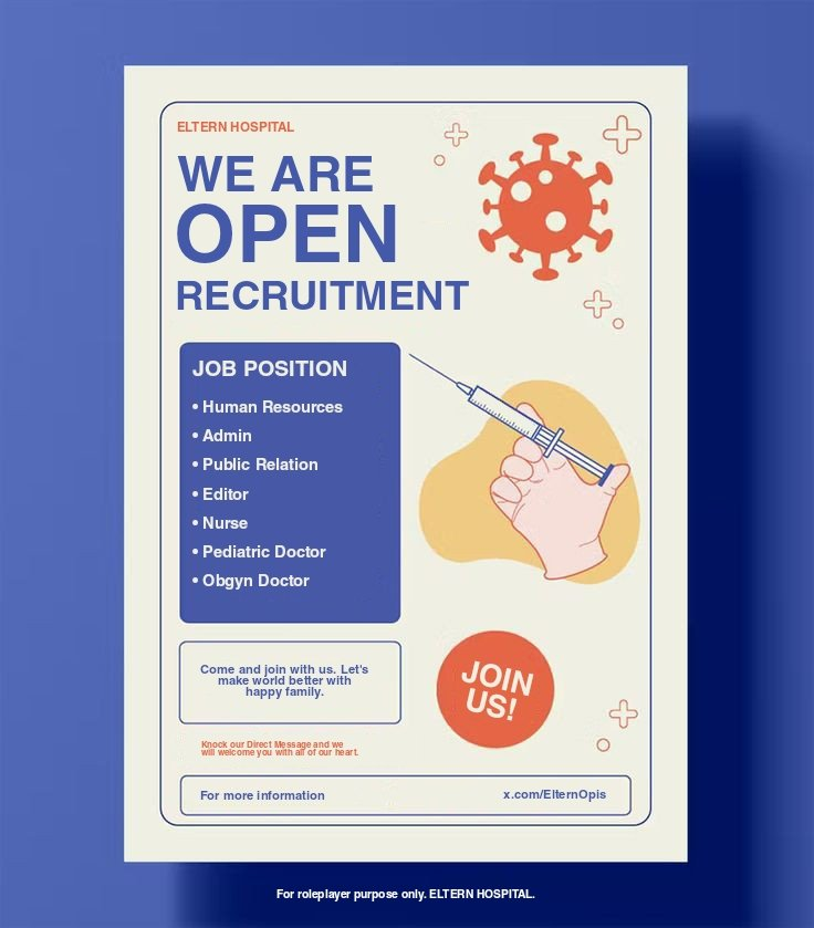 ㅤ
ㅤ
ㅤ𝐄𝐋𝐓𝐄𝐑𝐍 𝐇𝐎𝐒𝐏𝐈𝐓𝐀𝐋
ㅤ𝐎𝐩𝐞𝐧 𝐑𝐞𝐜𝐫𝐮𝐢𝐭𝐦𝐞𝐧𝐭

ㅤ────────────

ㅤHappy day job seekers!
    We offer the opportunity to 
    join our team. The required 
    position has been listed in 
    the picture. 
    
    Apply yourself!  

ㅤ