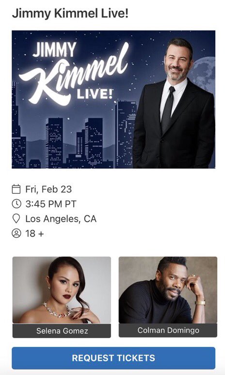 A primeira performance de ‘Love On’ vindo aí? 👀

Selena Gomez aparece como convidada do episódio de sexta-feira (23/02) do ‘Jimmy Kimmel Live’, em site de venda de ingressos para o programa.
