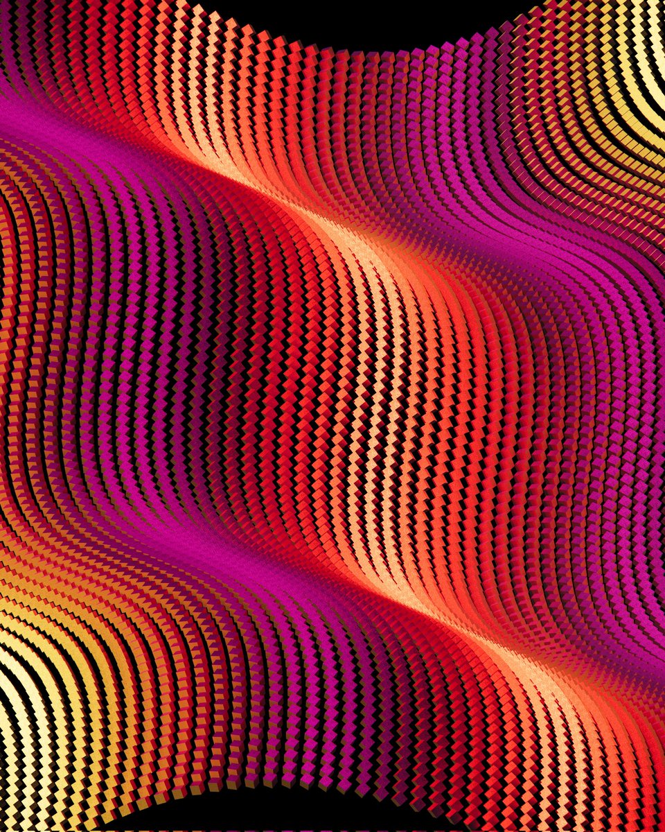 Gm! Waves on waves - A mesh of 15k tri-coloured metallic cubes generated with multi-directional wave functions. Have a fab Sunday :)
#digitalart #geometricart #waveforms #algorithmicart #nftart