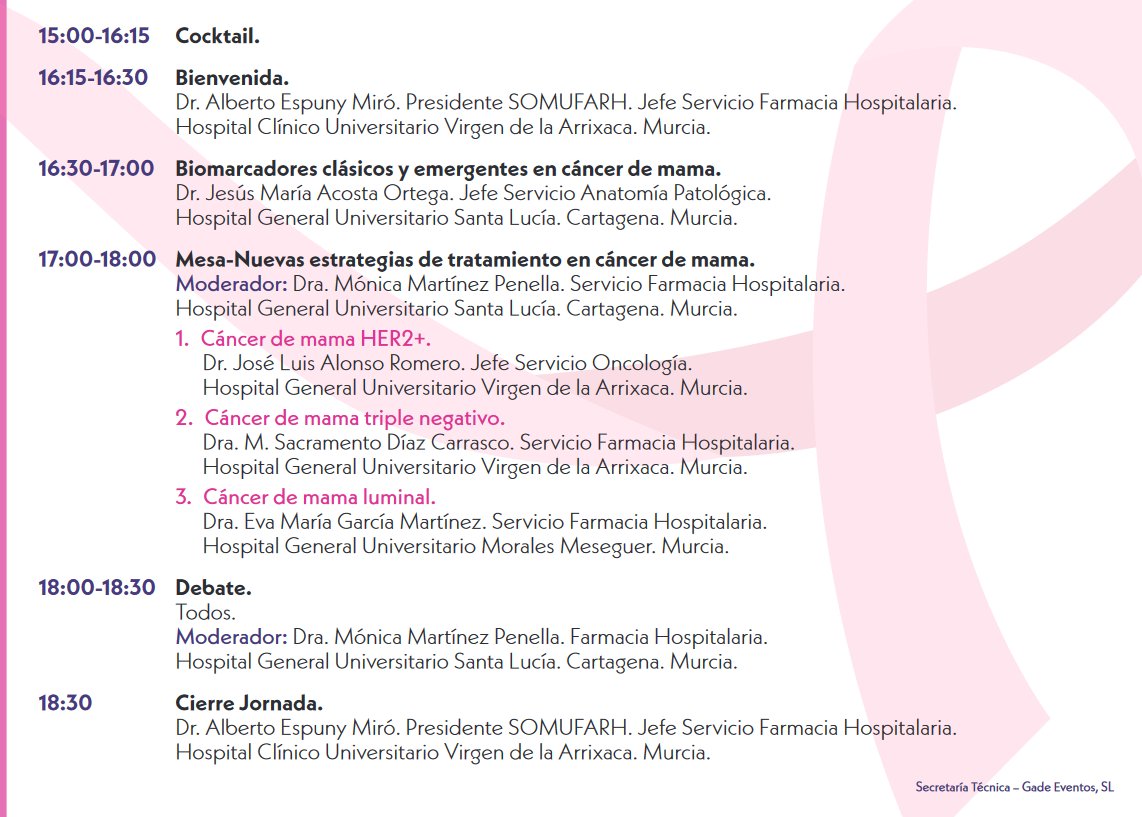 CAMBIO DE FECHA Jornada Biomarcadores y nuevas estrategias de tratamiento en cáncer de mama. Hotel Sercotel Amistad. Murcia JUEVES, 22 de febrero 2024 16:15 h Inscripción: forms.gle/hxWE3BXnTGzoZm…… -Precisa confirmación para no socios @Somufarh @DaiichiSankyoES @AstraZenecaES