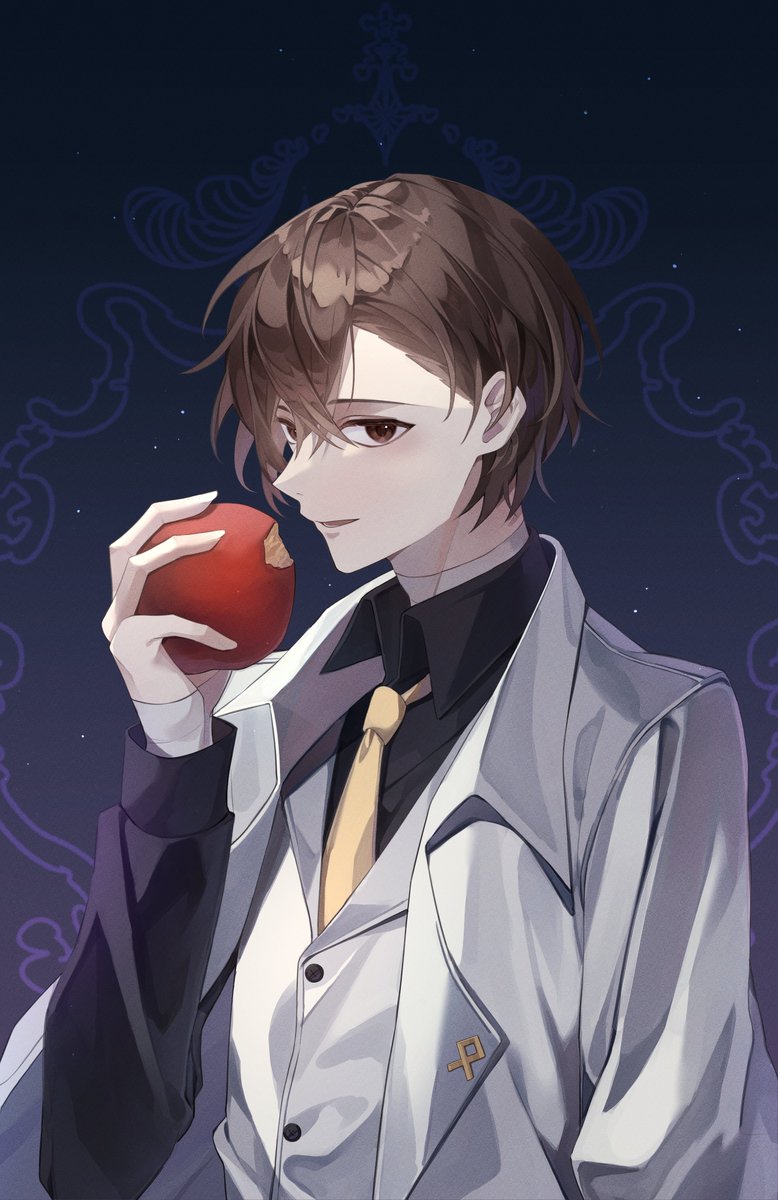 1boy male focus food apple holding food fruit holding  illustration images