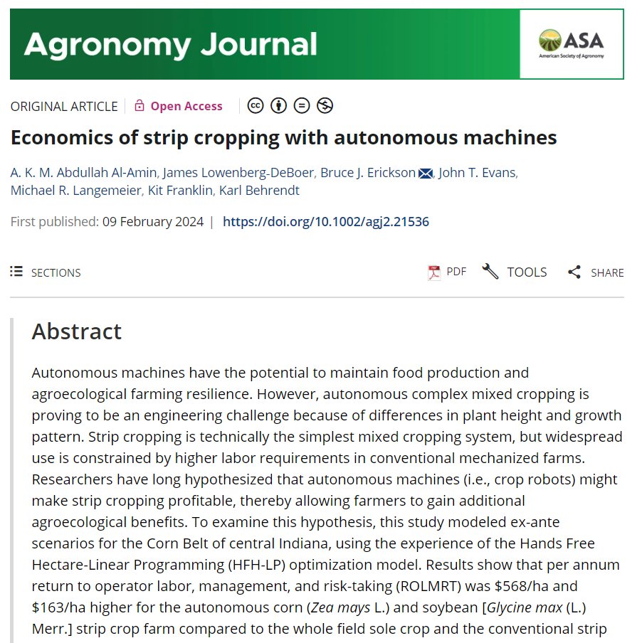 Our paper entitled ' Economics of strip cropping with autonomous machines' published in @AgronomyJournal acsess.onlinelibrary.wiley.com/doi/10.1002/ag… Courtesy: @HarperAdamsUni @PurdueAgronomy @LifeAtPurdue Cc: @J_Lowenberg Bruce Erickson, John Evans, M. Langemeier, @AgEngResearch @AgriTechEcon
