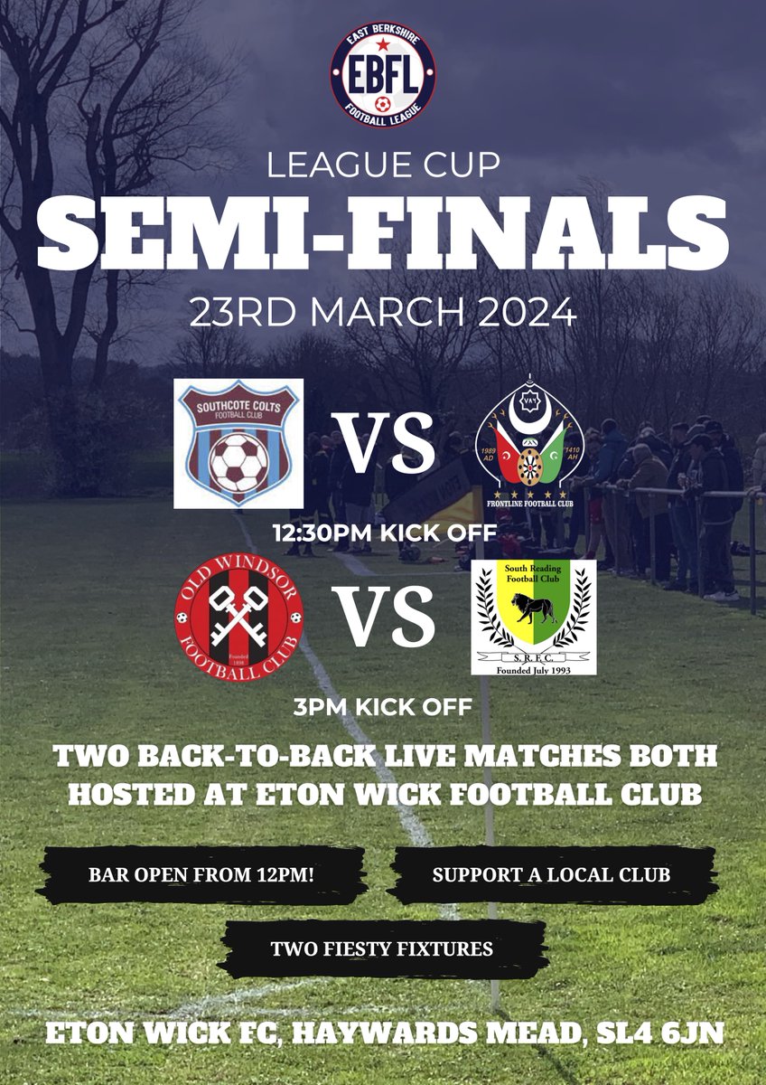 East Berkshire Football League (@eastberkshirefl) on Twitter photo β½οΈποΈ DATE FOR YOUR DIARY ποΈβ½οΈ
The E.B.F.L League Cup competition Semi Finals are just five weeks away now β½οΈπ We would love to have all your support at Eton Wick F.C. & Social Club on Saturday 23rd March from midday π come and enjoy two cracking Semi Finals matches β½οΈππ₯ β½οΈποΈ DATE FOR YOUR DIARY ποΈβ½οΈ
The E.B.F.L League Cup competition Semi Finals are just five weeks away now β½οΈπ We would love to have all your support at Eton Wick F.C. & Social Club on Saturday 23rd March from midday π come and enjoy two cracking Semi Finals matches β½οΈππ₯