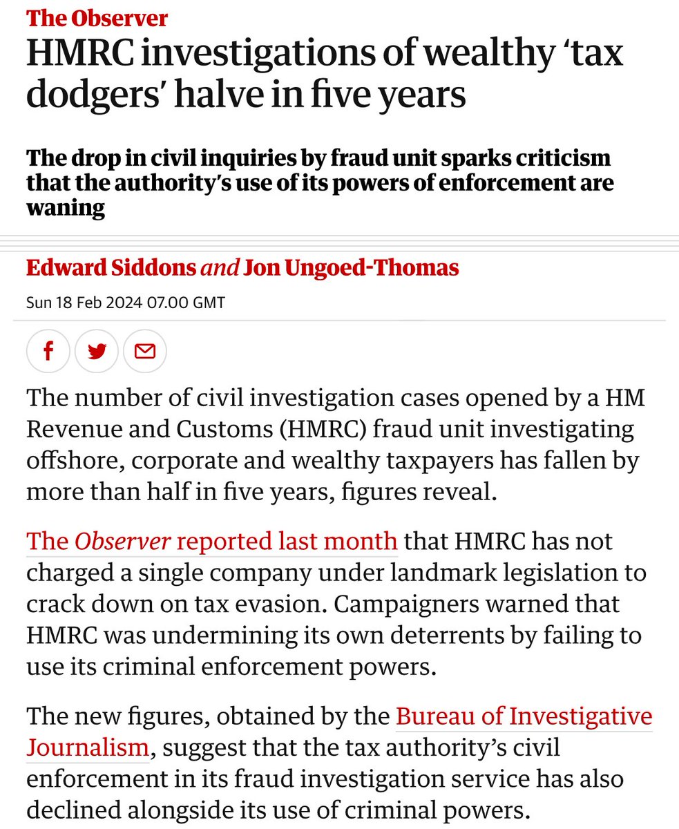 'HMRC investigations of wealthy ‘tax dodgers’ halve in five years' Not only did the rich get richer, they did so with ever more impunity. This is what the Tories want.