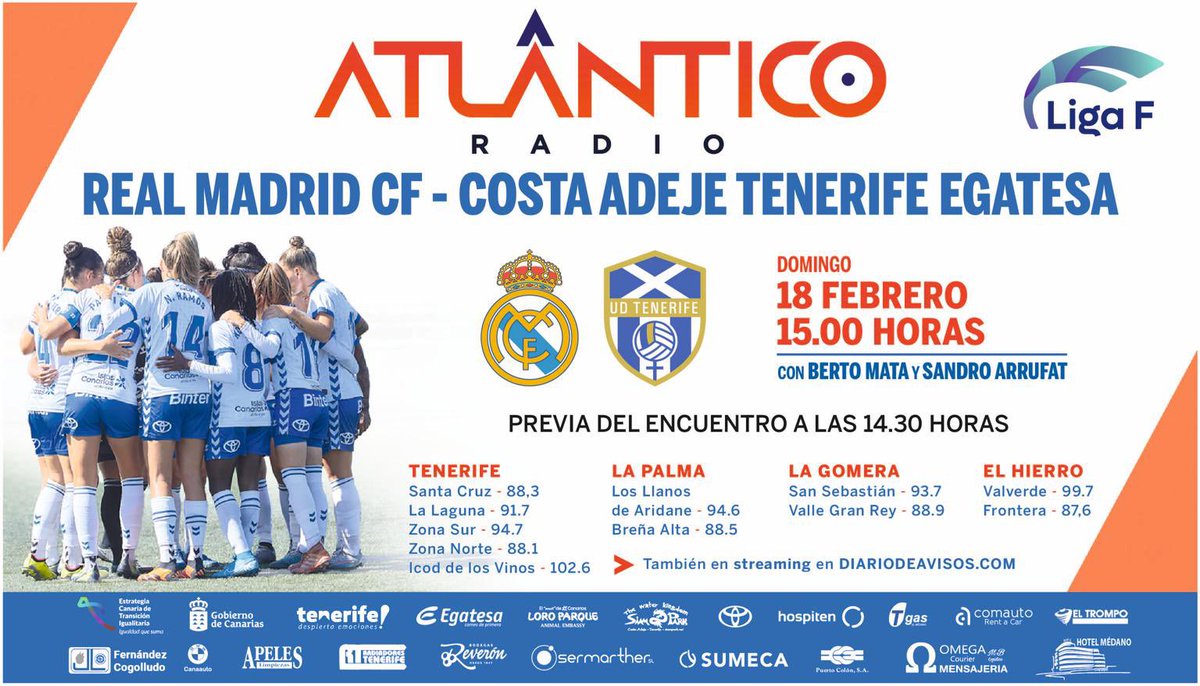 🚨¡𝗠𝗔𝗧𝗖𝗛 𝗗𝗔𝗬!🚨

⚽️ <a href="/realmadridfem/">Real Madrid C.F.</a> -@UDCATenerife 

🏟️ Valdebebas
⏰ 15:00h. (14:30 en directo)
🗓️ Jornada 18, <a href="/LigaF_oficial/">Liga F</a> 

🎙️ <a href="/mata_berto/">Berto Mata</a>  
🎙️ <a href="/sandroarrufat/">Sandro Arrufat</a> 

📻<a href="/atlantico_radio/">Atlántico Radio</a> 
📲 APP y TDT
💻 diariodeavisos.com 
📩 651 37 37 37

#AdejeEsDeporte