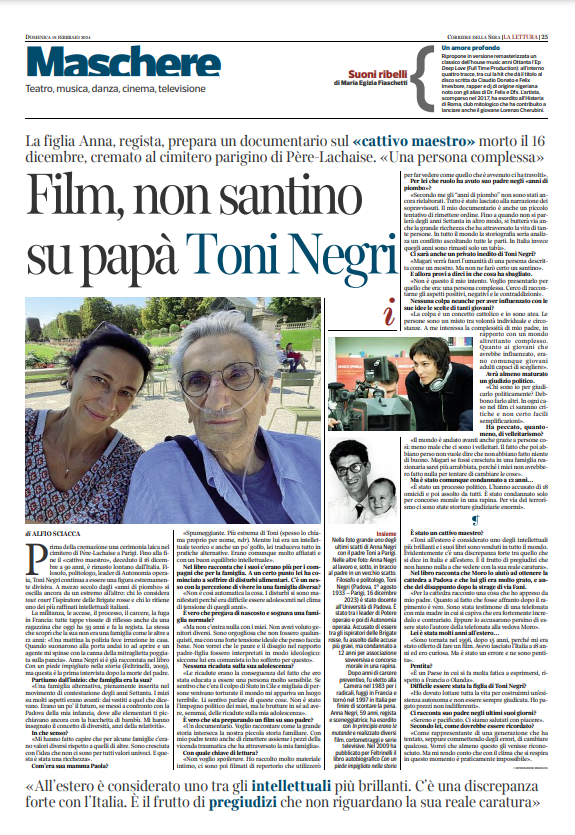 La figlia di #ToniNegri: farò un film su mio padre. 
Oggi su #LaLettura <a href="/Corriere/">Corriere della Sera</a>