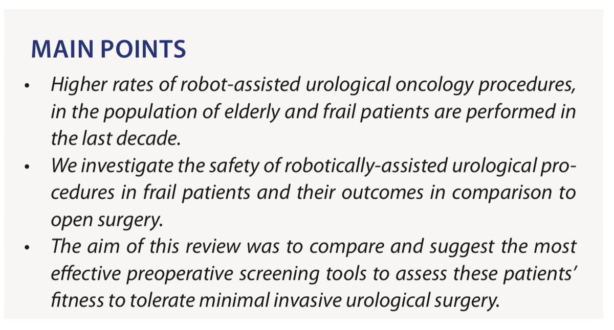 Robot-Assisted Urological Oncology Procedures, Outcomes, and Safety in Frail Patients: A Narrative Review of Available Studies Nikolaos Kostakopoulos et al. #frailty #roboticprostatectomy #roboticcystectomy #roboticnephrectomy #UroSoMe #PubMed Link : urologyresearchandpractice.org/en/robot-assis…