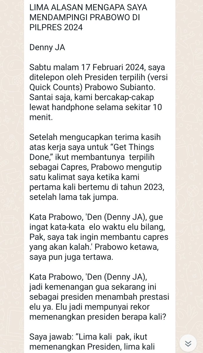 okkymadasari's tweet photo. Denny JA/LSI hari ini terbuka mengumumkan bahwa selama ini ia bekerja utk 02.

Saya berhubungan baik dgn Pak Denny. Tgl 14 Feb jam 15, saya pun langsung WA memberinya ucapan selamat.

Ini saya share ke Twitter, agar semakin banyak orang yg tahu.

Survey itu science. Namun... https://t.co/Pzj9LO5QTY