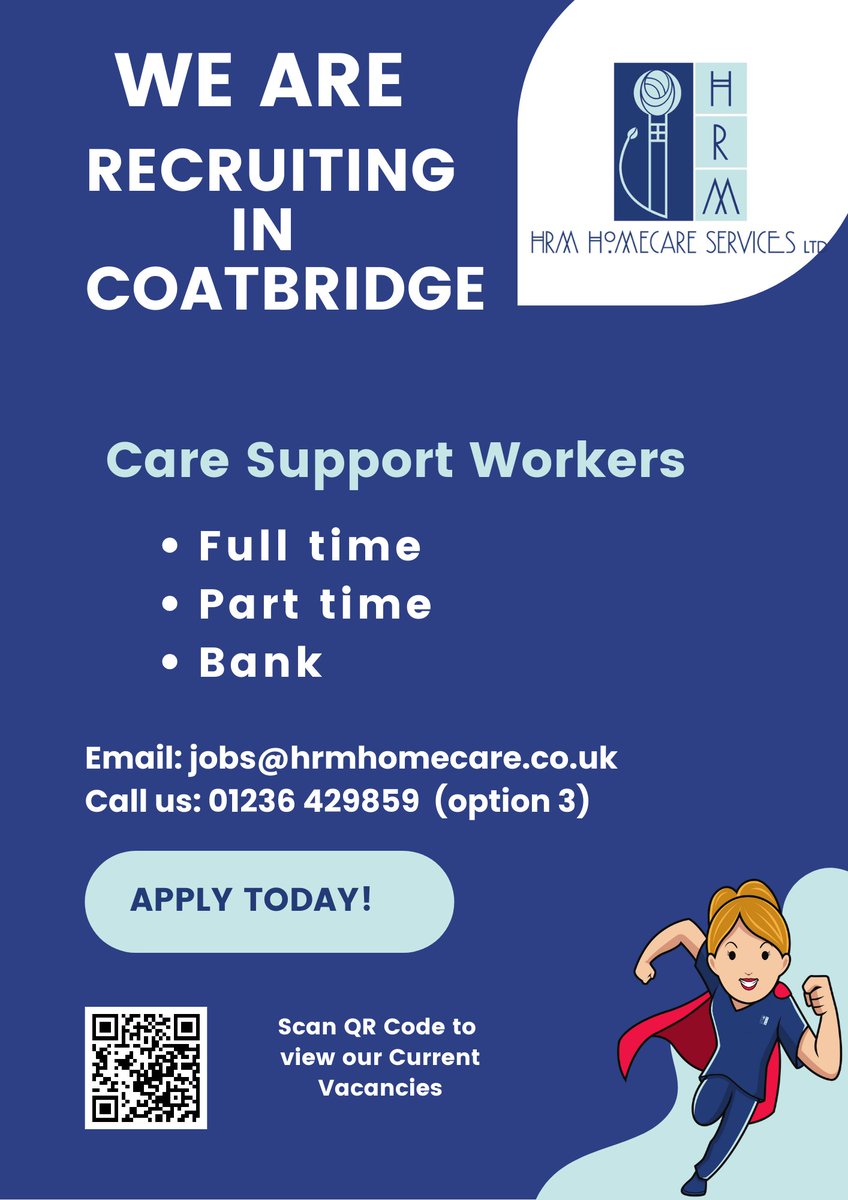 We're #Recruiting Support Workers in the #Coatbridge #NorthLanarkshire area Interested? Enquire now! 💻 hrmhomecare.co.uk/carer-jobs ✉️ Email us: jobs@hrmhomecare.co.uk ☎️ 01236 429859 (option 3) #HRM #Homecare #WeCare #CareAboutCare #SupportWorker #Care #Coatbridge #northlanarkshire