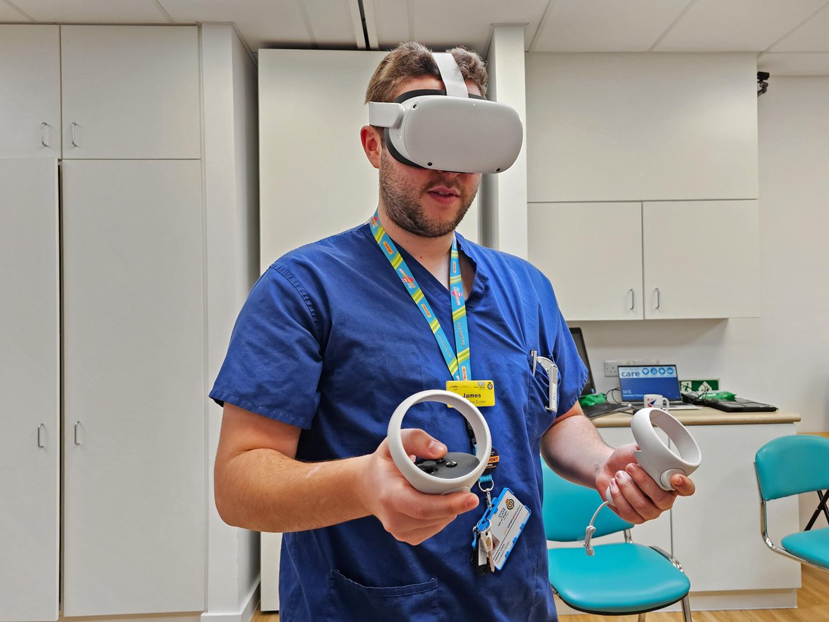 IOWNHS's tweet photo. Happy #SimulationSunday! 🚀 Ever heard of VR training? We're using it to immerse our staff in realistic medical scenarios, ensuring safe and effective training. Here's Foundation Doctor James diving into an emergency training simulation. 🩺💻 #VirtualReality #MedicalTraining https://t.co/xkdREb2WlK