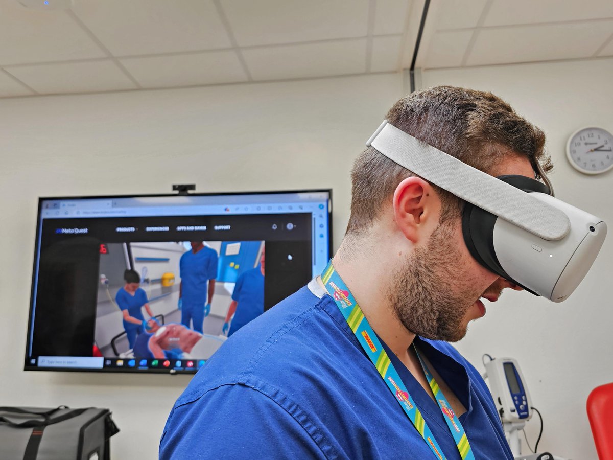 IOWNHS's tweet photo. Happy #SimulationSunday! 🚀 Ever heard of VR training? We're using it to immerse our staff in realistic medical scenarios, ensuring safe and effective training. Here's Foundation Doctor James diving into an emergency training simulation. 🩺💻 #VirtualReality #MedicalTraining https://t.co/xkdREb2WlK