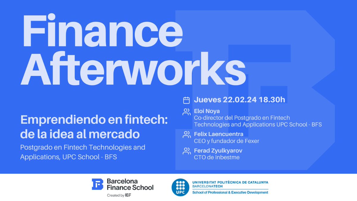 ¿Cómo, la tecnología, está transformando el mundo financiero a través de las Fintech? 💻📊

No te pierdas nuestro próximo #financeafterwork 22/02 y descubre cómo las #fintech están desafiando el status quo.
Con <a href="/felixlae/">Fèlix Laencuentra</a> <a href="/EloiNoya/">Eloi Noya</a> <a href="/FZyulkyarov/">Ferad Zyulkyarov</a>

Apúntate 👉 bit.ly/3T0dayT