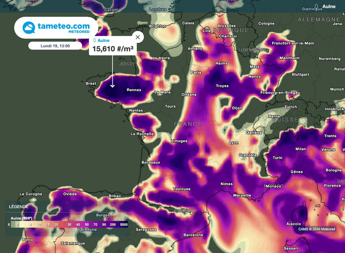 MeteoredFR's tweet photo. Les modélisations optent pour de très fortes concentrations de #pollens d'#aulnes. 🤧 Parfois plus de 10-15 000 grains par mètres cube d'air !
Toutes nos cartes ⤵️
https://t.co/7XlsIEREdi https://t.co/g0PYxHHI3I