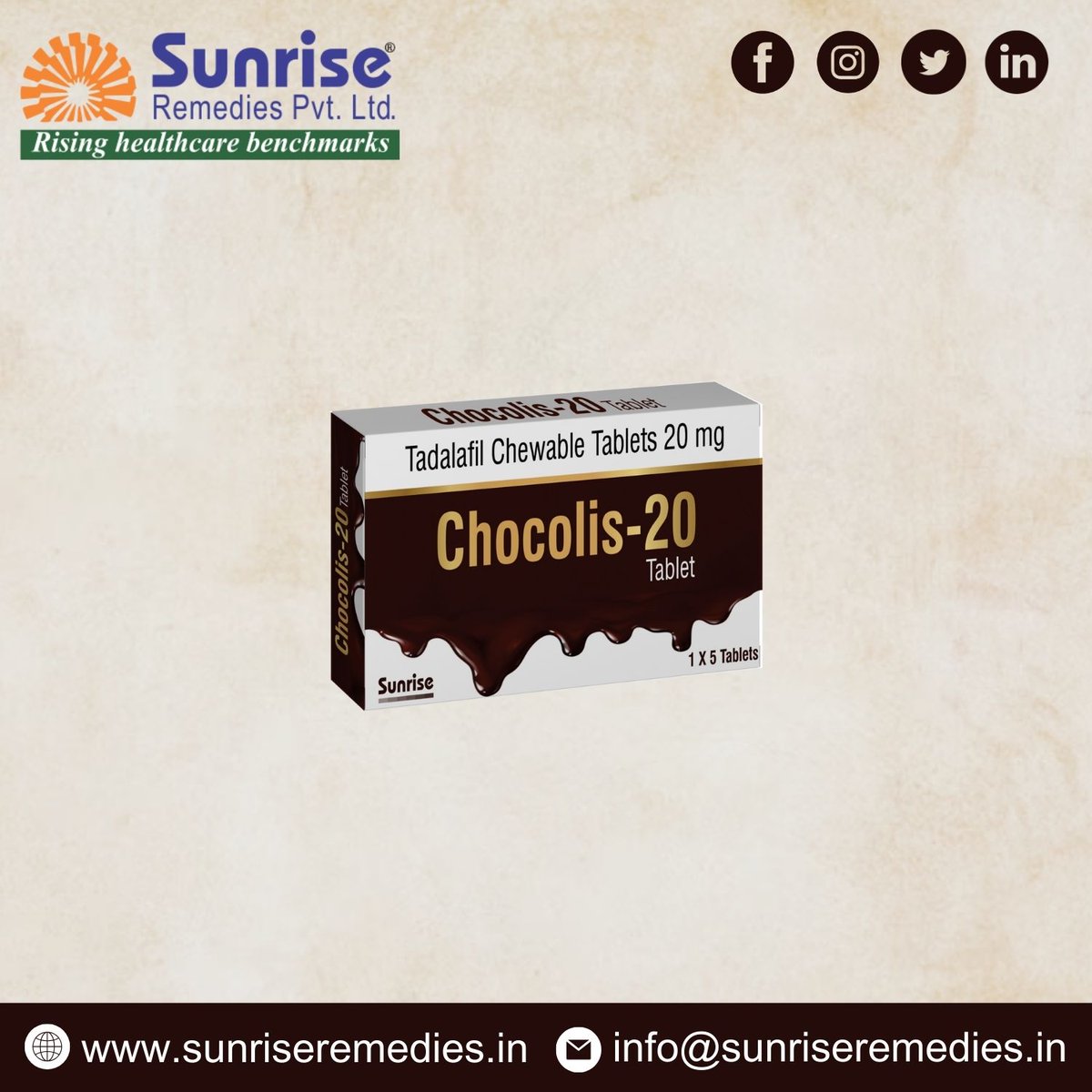 #ChocolisChewable Generic Tadalafil Chewable Most Popular Products From Sunrise Remedies Pvt. Ltd.

Read More: sunriseremedies.in/our-products/c…

#Chocolis #TadalafilChewable #SildenafilChewable #DapoxetineHCL #Vardenafil #Avanafil #Udenafil #SildenafilUSP #TadalafilHCL #EDpills #PEpills