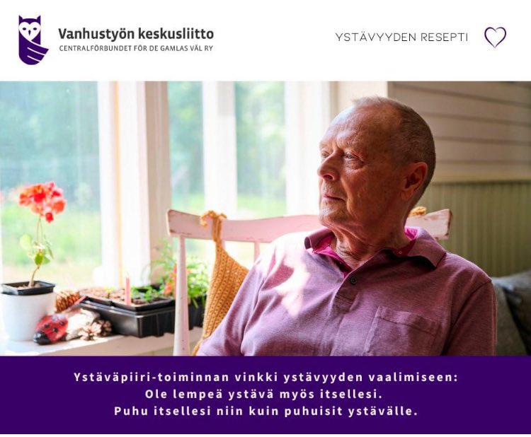 Ystäväpiiri-toiminnan vinkki ystävyyden vaalimiseen: Ole lempeä ystävä myös itsellesi. Puhu itsellesi niin kuin puhuisit ystävälle. #YstävyydenResepti #Ystävänpäivä #Ystäväpiiri vanheneminen.fi/eivat-vuodet-i…