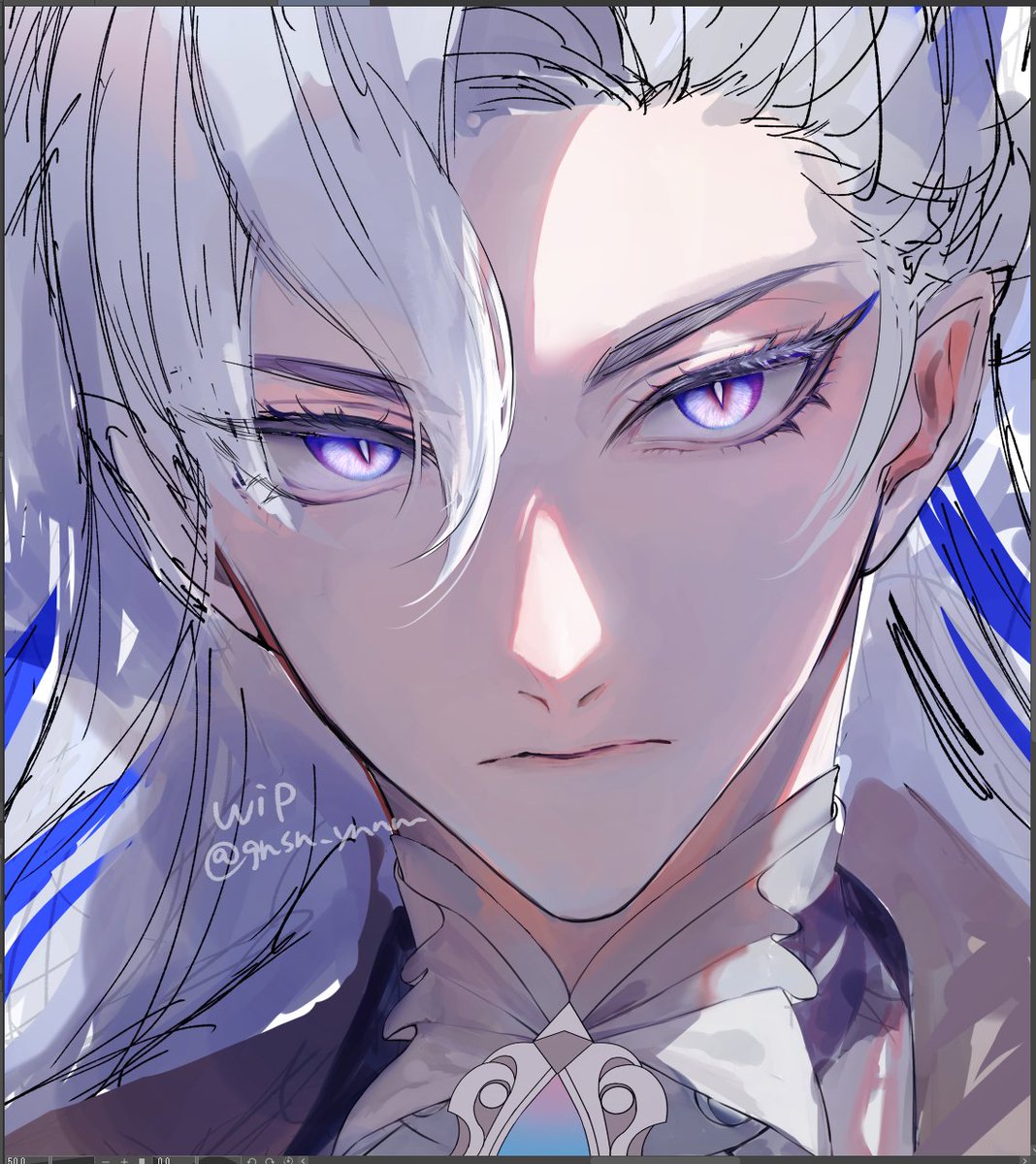 neuvillette (genshin impact) solo white hair 1boy looking at viewer male focus portrait purple eyes  illustration images