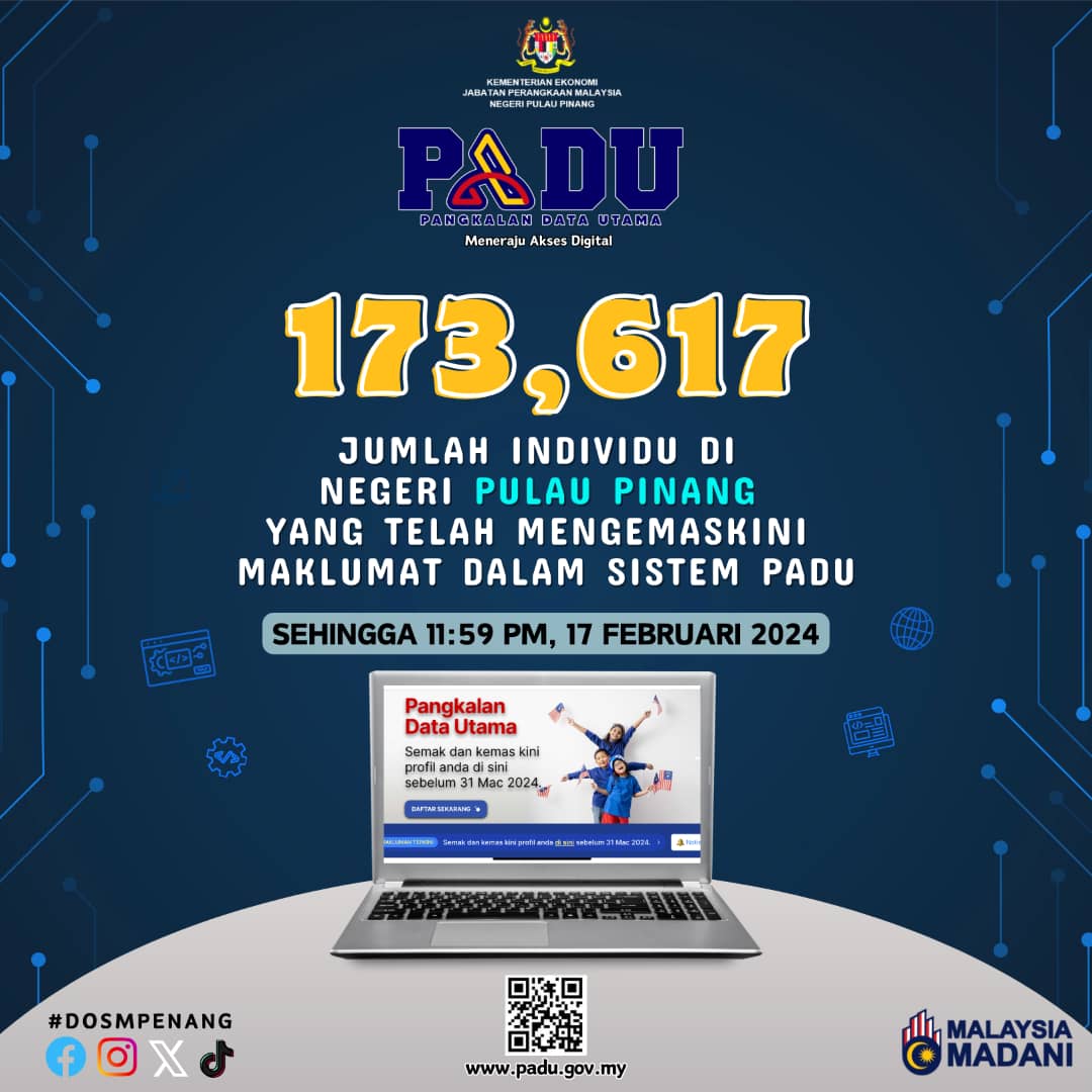 DOSM_Penang's tweet photo. 𝐏𝐀𝐃𝐔@𝐏𝐞𝐧𝐚𝐧𝐠

Terima kasih kepada seluruh rakyat negeri Pulau Pinang yang telah mengemaskini di sistem Pangkalan Data Utama (PADU). https://t.co/t5gZhvr1bx