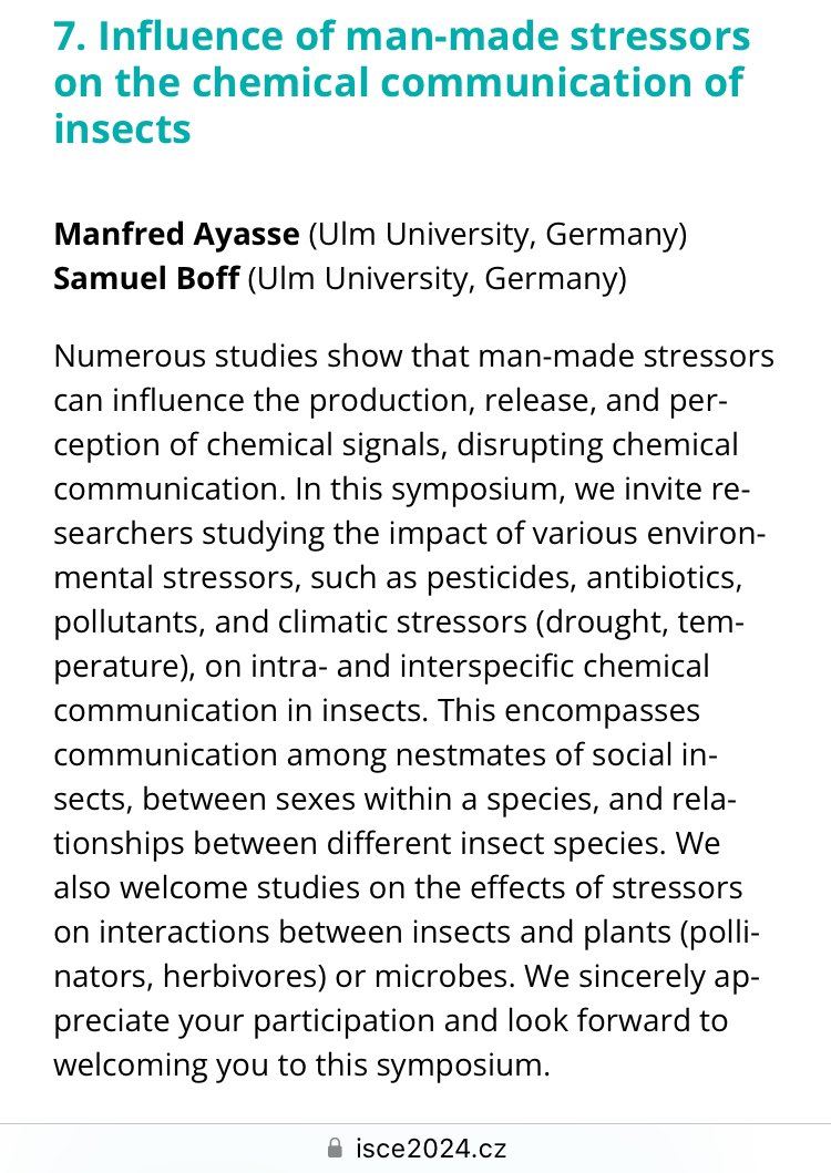 samuel_boff's tweet photo. We are pleased to announce our Symposium in the next @ChemEcol_org ISCE meeting in Prague, July 2024. We would love to have you, working on the influence of man-made stressors on the chemical communication of insects, in our session. Pls Rt. https://t.co/RdiD9vNmLM