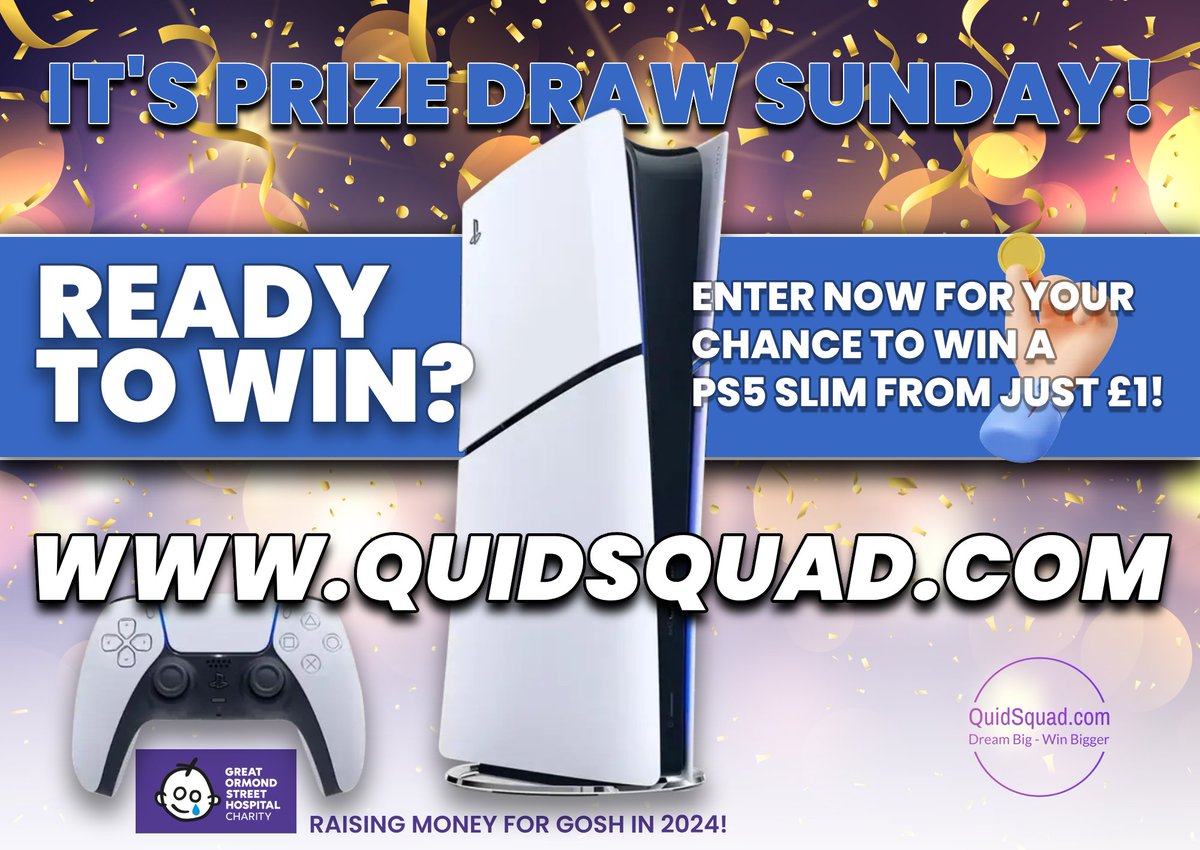 Get ready for another Super Sunday Sensation! This week we're giving away an incredible PS5 Slim! Join QuidSquad.com today for your chance to win this and any of our weekly prizes from just £1 per year! See you at 3pm for our LIVE draw over on YouTube.com/@QuidSquadUK