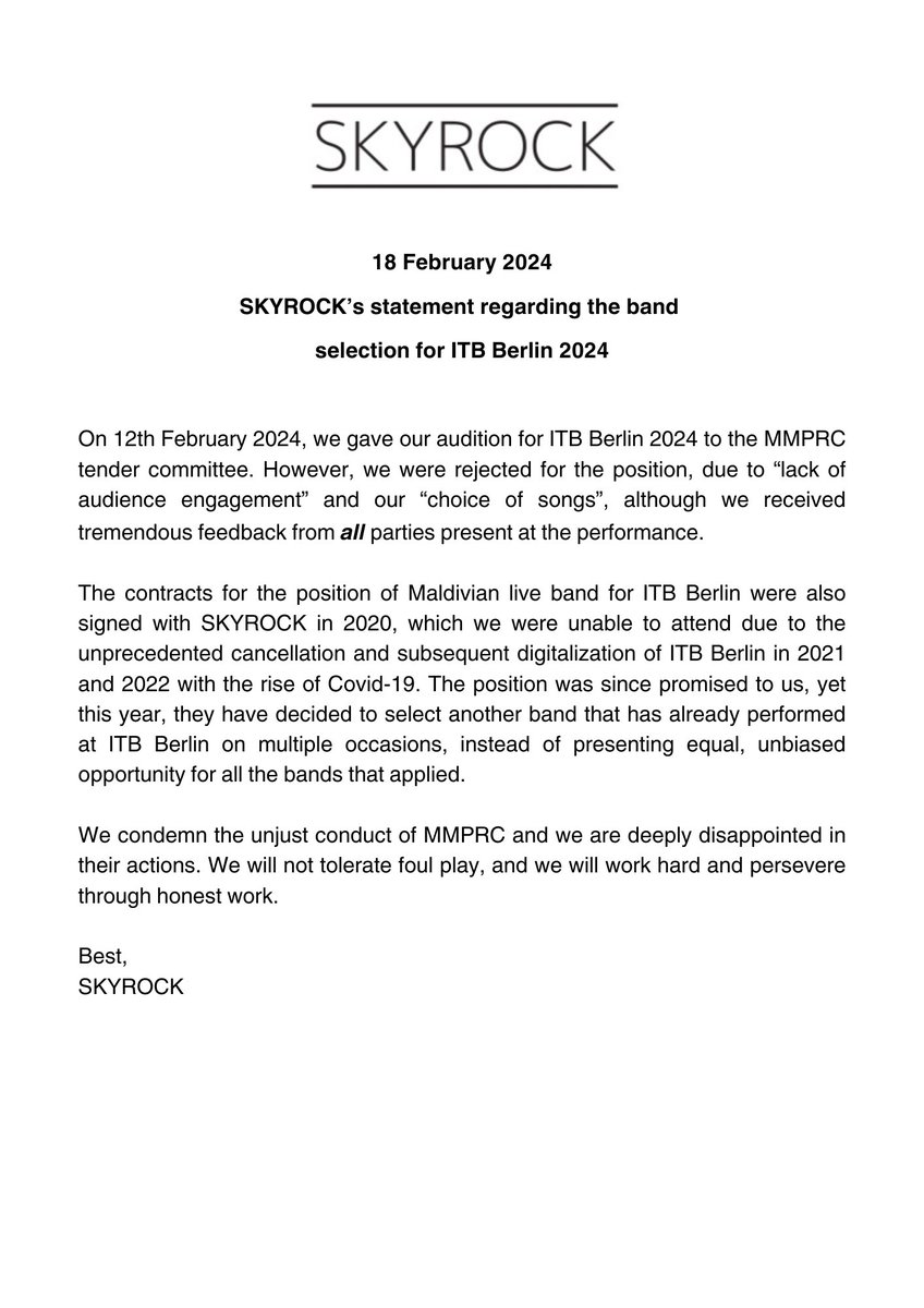 Statement from SKYROCK on Maldivian live band selection for ITB Berlin 2024 by MMPRC

@mmprc_corporate @mmprc_md <a href="/BoduSam/">BASSAM ADAM</a> @MUMaldives