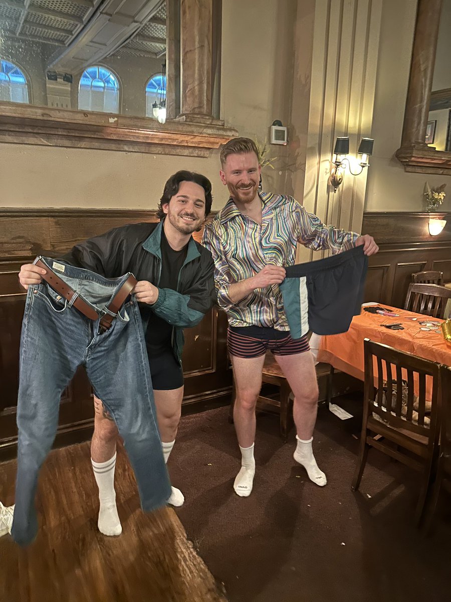 teddytweetthat's tweet photo. When the next bar has a strict dress code, you pull off the first pant swap in history 🤝 @ChampagneAnyone @robbywgucci https://t.co/wRvjVaTNRf