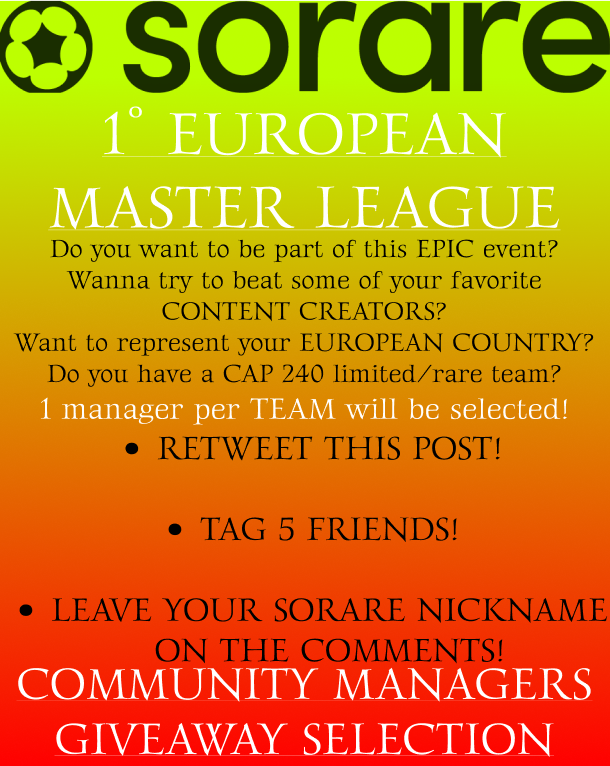 WARNING! EPIC ALERT🚨
The 1° #EuropeanMasterLeague has now 33-36 <a href="/Sorare/">Sorare</a> #contentcreators but we want more so #ContentCreator please contact me!

WARNING! EPIC ALERT🚨
The #community managers "ENTRY TICKETS" #Giveaway is live -> See the image &amp; try your luck to enter this EVENT!