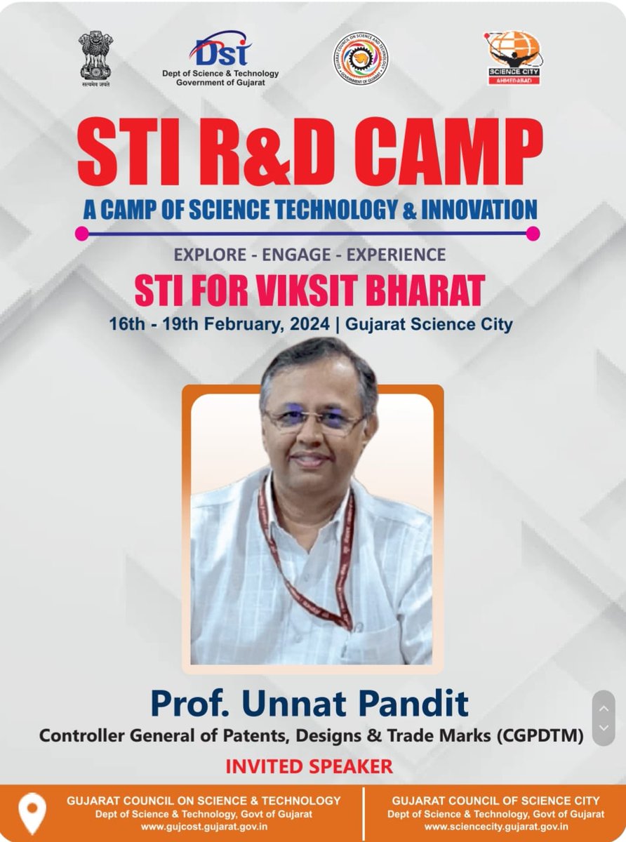 InfoGujcost's tweet photo. Young researchers of #ViksitBharat, seize the future!
Embarking on a journey of #Innovation and #Progress, nurturing an #IntellectualPropertyRight culture is imperative.
Dr. Unnat Pandit @cgpdtm_india, in a session with young researchers, emphasized that your #Ideas are catalysts for change—let them flourish under the safeguard of #IPR, shaping a radiant #Tomorrow!
Graced by Dr. Nishith Desai, Emeritus Professor at Bhavnagar University, and Dr. Satya S Pogaru, Vice President at Lexpert Consilium LLP. @dstGujarat @monakhandhar @CMOGuj @PMOIndia @mygovindia