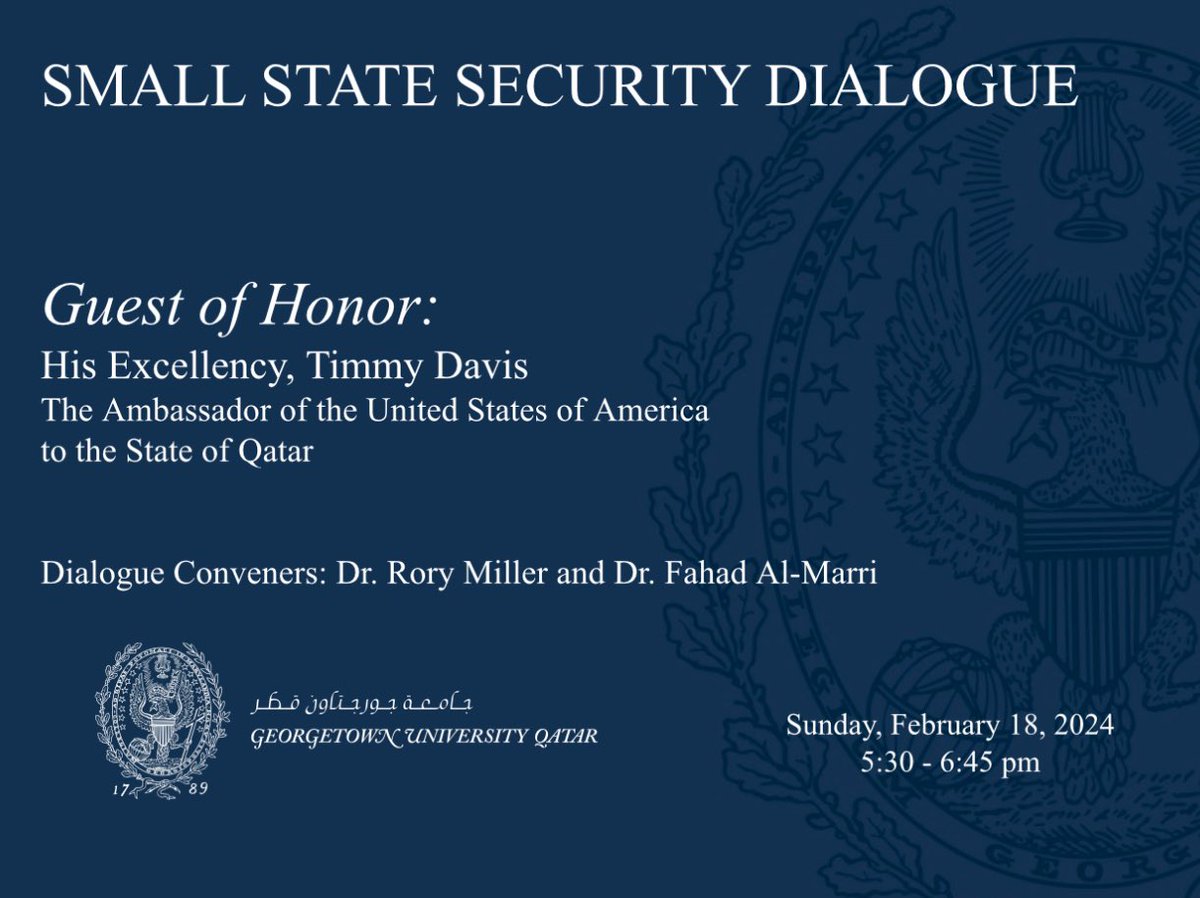 Looking to today’s guest of honor at #SmallStates Security Dialogue to talk about #US_Qatar strategic relations and diplomacy 🇺🇸🤝🏻🇶🇦 @USEmbassyDoha @USAmbQatar @NatalieBakerUSA @StateDept @SecBlinken @QatarEmbassyUSA @Amb_AlThani @MofaQatar_EN @MOD_Qatar @IMO_Qatar @MBA_AlThani_