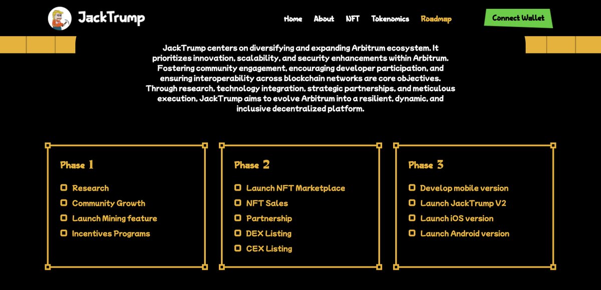 JackTrumpgold's tweet photo. #JackTrump Roadmap
To the moon!!!🚀🚀🚀

#JackTrump #memecoins #meme #arbitrum https://t.co/AvTbKOw4b2