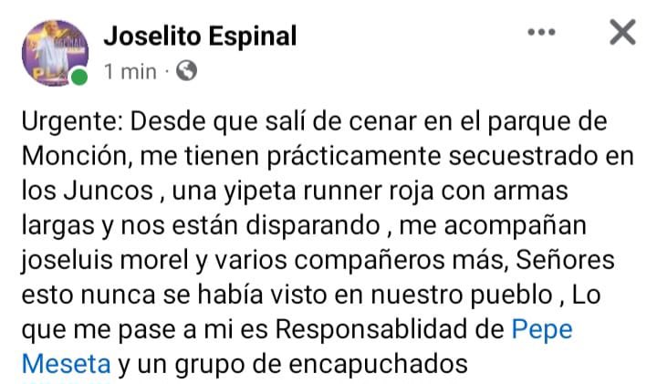 RobertQuezadaR's tweet photo. #AHORA
Alcalde de Monción #JoselitoEspinal, junto a varios miembros del #CCPLD, están siendo agredidos a tiros en la comunidad de Los Juncos, Provincia Santiago Rodríguez… @PoliciaRD @CrisCabRD @juntacentral @ElvinCastillo @JaimeRinconRD https://t.co/URp5SaKaTO