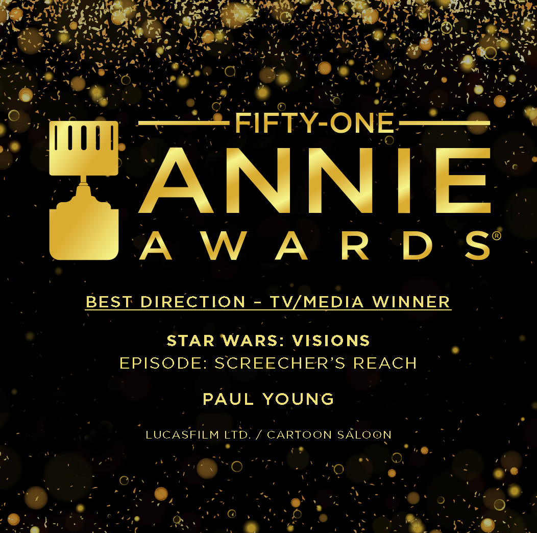AnnieAwards's tweet photo. And the Annie Award for Best Direction - TV/Media goes to . . . Paul Young for Star Wars: Visions! @PaulYoung99 @lucasfilm @cartoonsaloon

#51stannieawards #asifahollywood https://t.co/QReTuZE1Lk