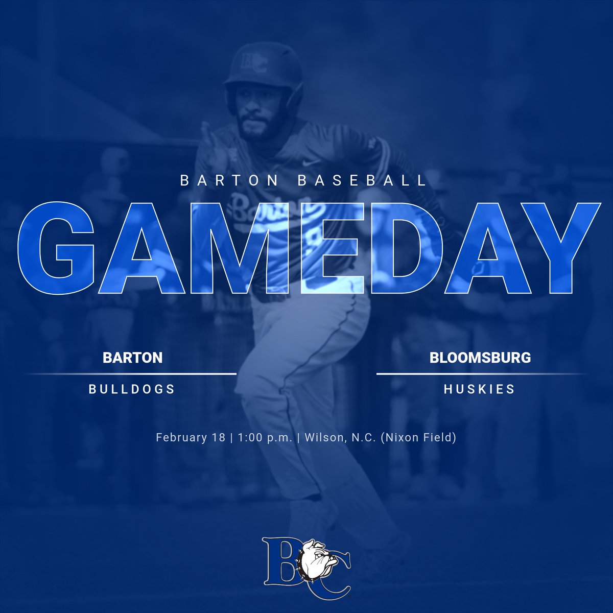BartonAthletics's tweet photo. GAME DAY!
⚾️: Barton vs. Bloomsburg
📍: Wilson, N.C. (Nixon Field)
🕰️: 1:00 p.m.
📹: https://t.co/36GNWSkeod
📊: https://t.co/uwd02yWK4S
#BartonBold . #BCBulldogs . @BartonBaseball https://t.co/4WVxskjabd