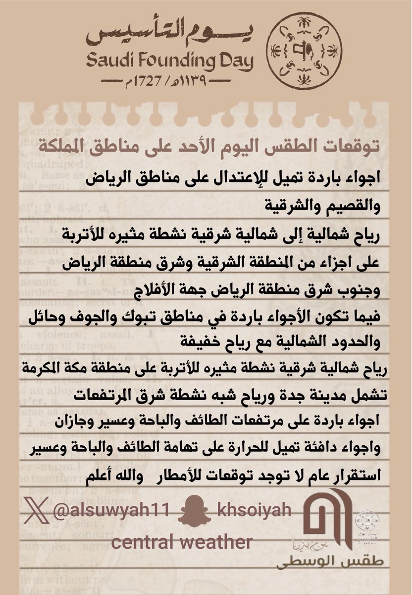 توقعات الطقس اليوم الأحد 
على مناطق المملكة 🇸🇦 بمشيئة الله تعالى