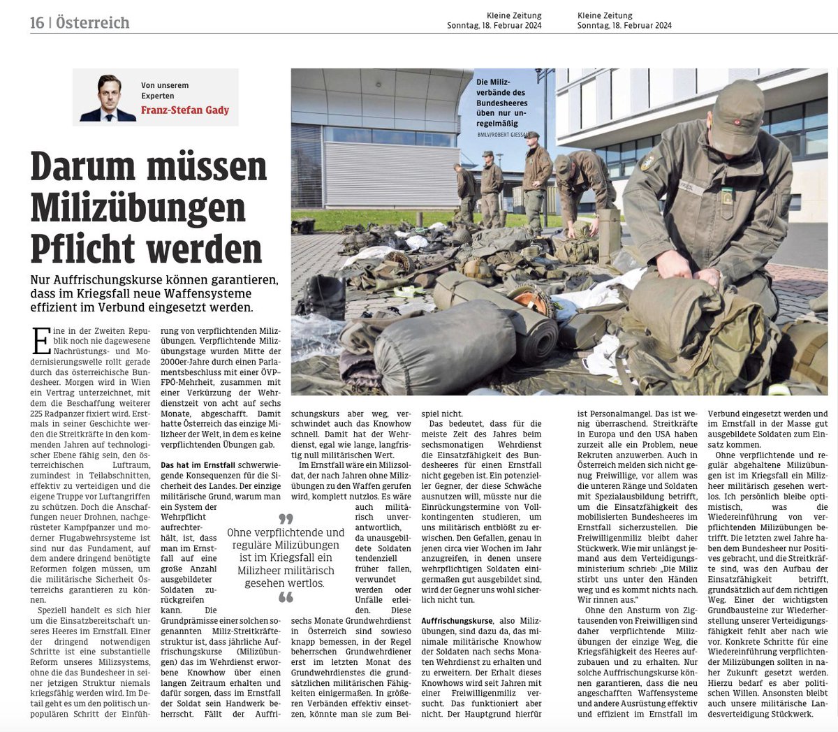 Mein Beitrag zum Thema:  Ohne verpflichtende und regulär abgehaltene Milizübungen ist im Kriegsfall ein Milizheer militärisch gesehen wertlos.